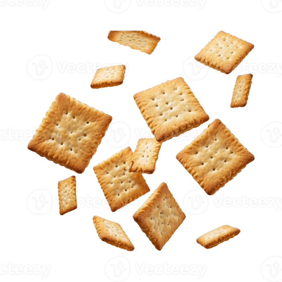 Delicious square salty crackers floating effortlessly, isolated on a transparent background png