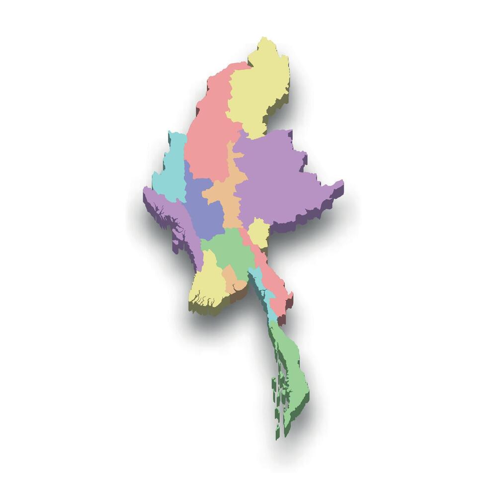 3d isometric colored map of Myanmar vector