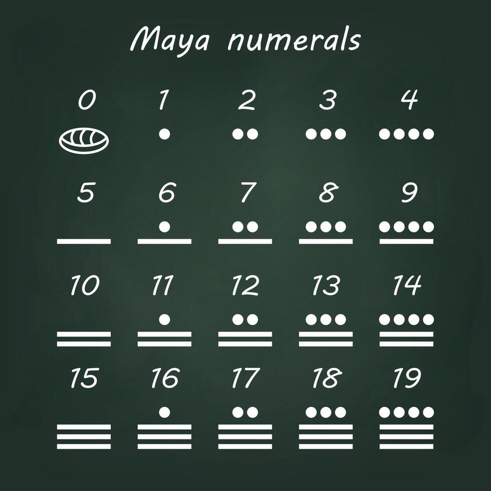 maya numerales gráfico mostrando números 0 0 a 19 en pizarra vector