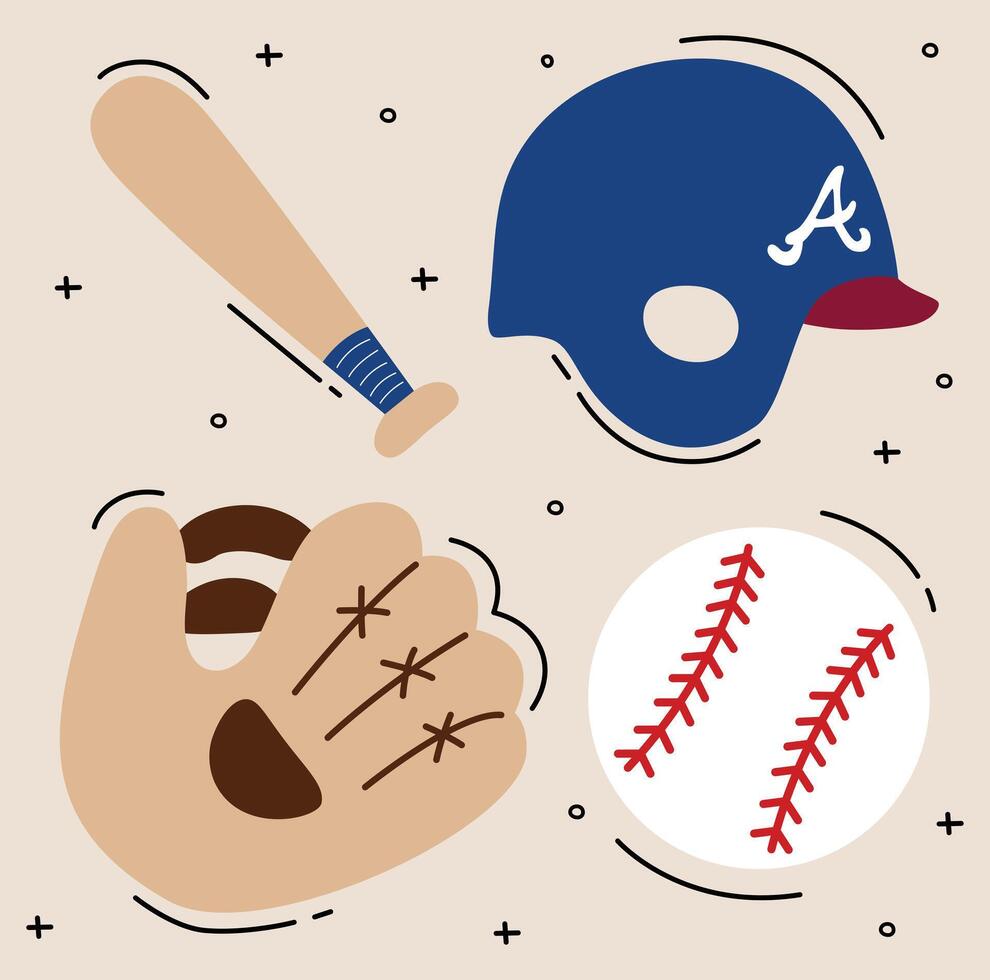 Set of baseball, bat, baseball helmet, ball and glove vector