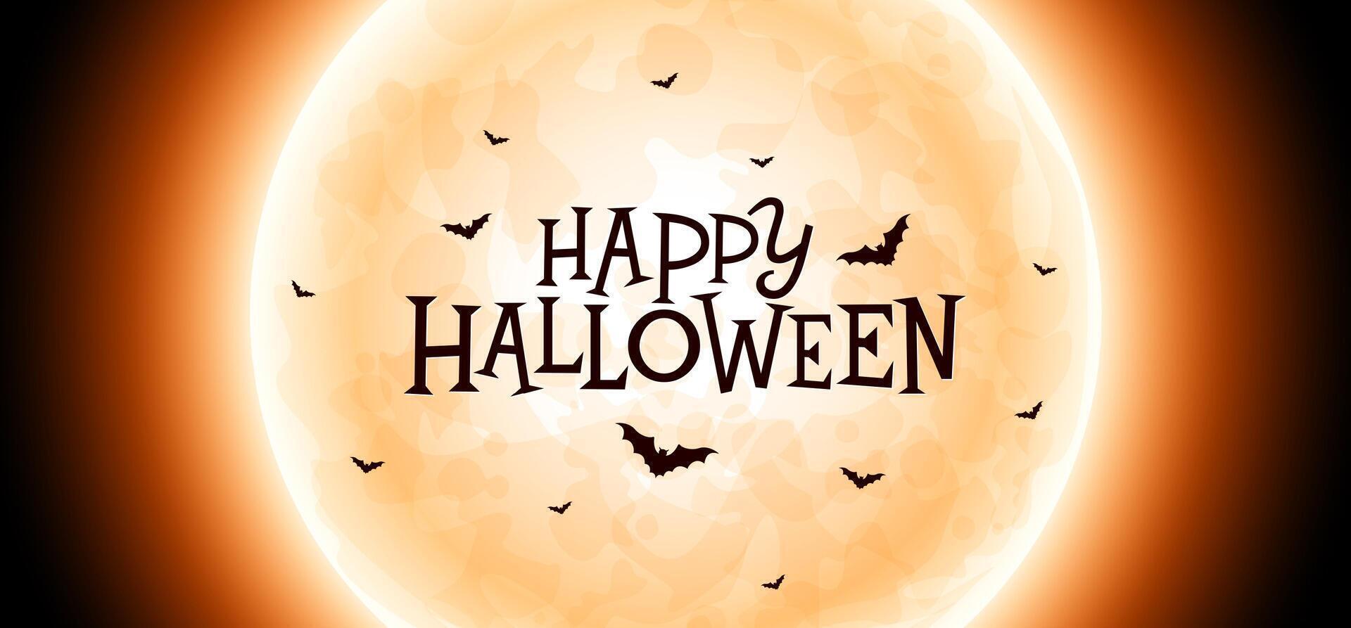 Happy Halloween Banner Design with Typography Lettering, Moon and Flying Bats on Orange Night Sky Background. Holiday Design Template for Greeting Card, Flyer, Celebration Poster or Party vector