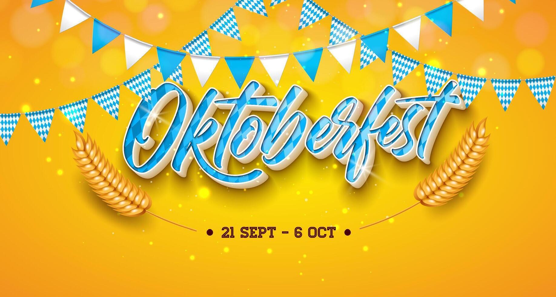 Oktoberfest Party Banner Illustration with Fresh Lager Beer and Barleys Ear on Yellow Background. Celebration Flyer Template With Typography Lettering for Traditional German Beer Festival. vector