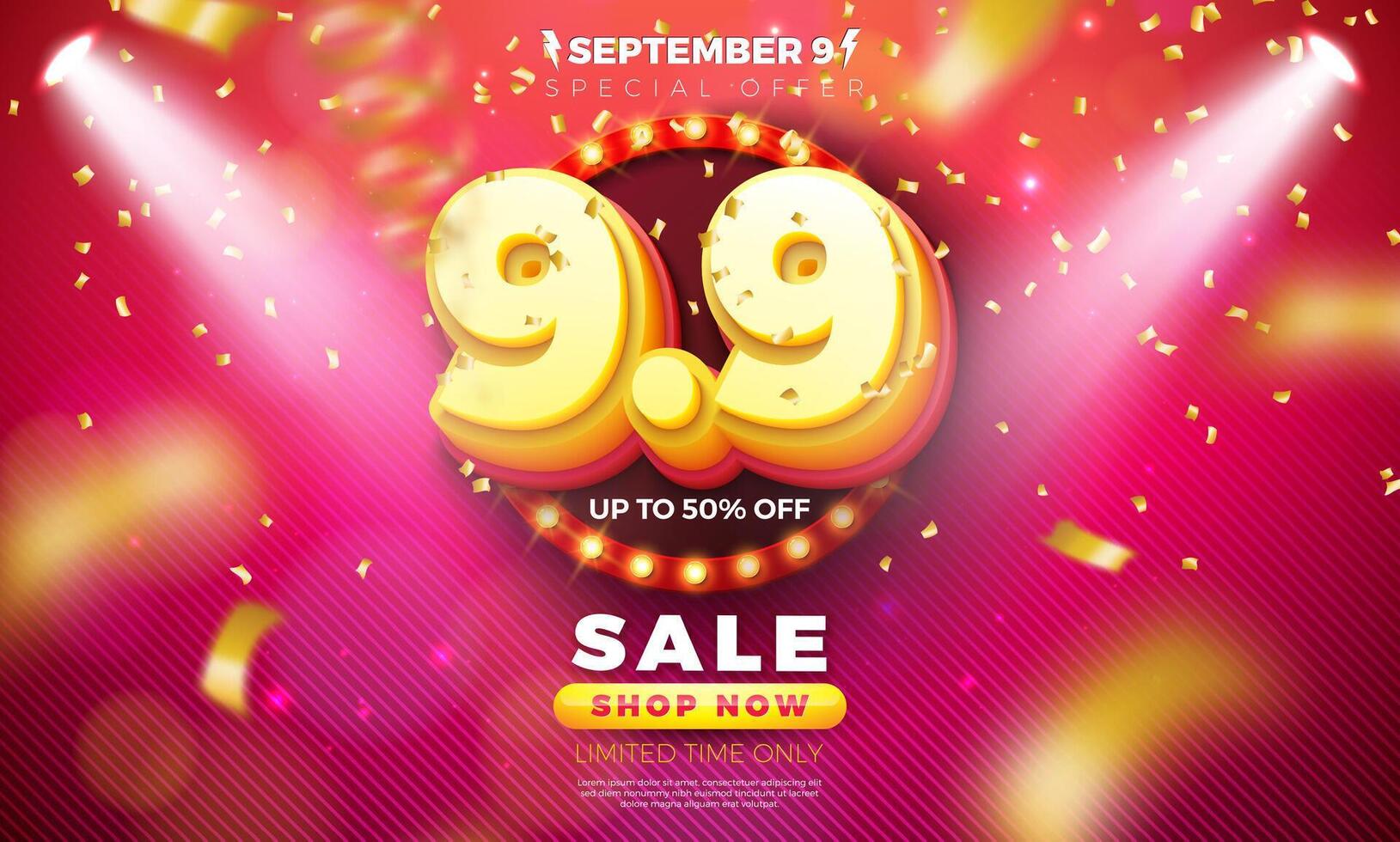 9 September Shopping Day Flash Sale Design with 3d 9.9 Number and Light Bulb Billboard on Red Background. Special Offer 50 Percent Off Campaign Discount Illustration for Coupon, Voucher, Banner vector