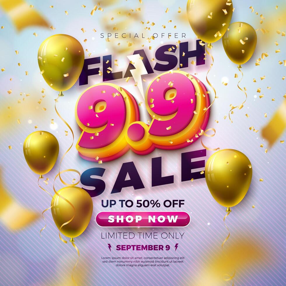 9 September Shopping Day Flash Sale Design with 3d 9.9 Number and Party Balloon on Falling Confetti Background. Special Offer 50 Percent Off Campaign Discount Illustration for Coupon, Voucher vector