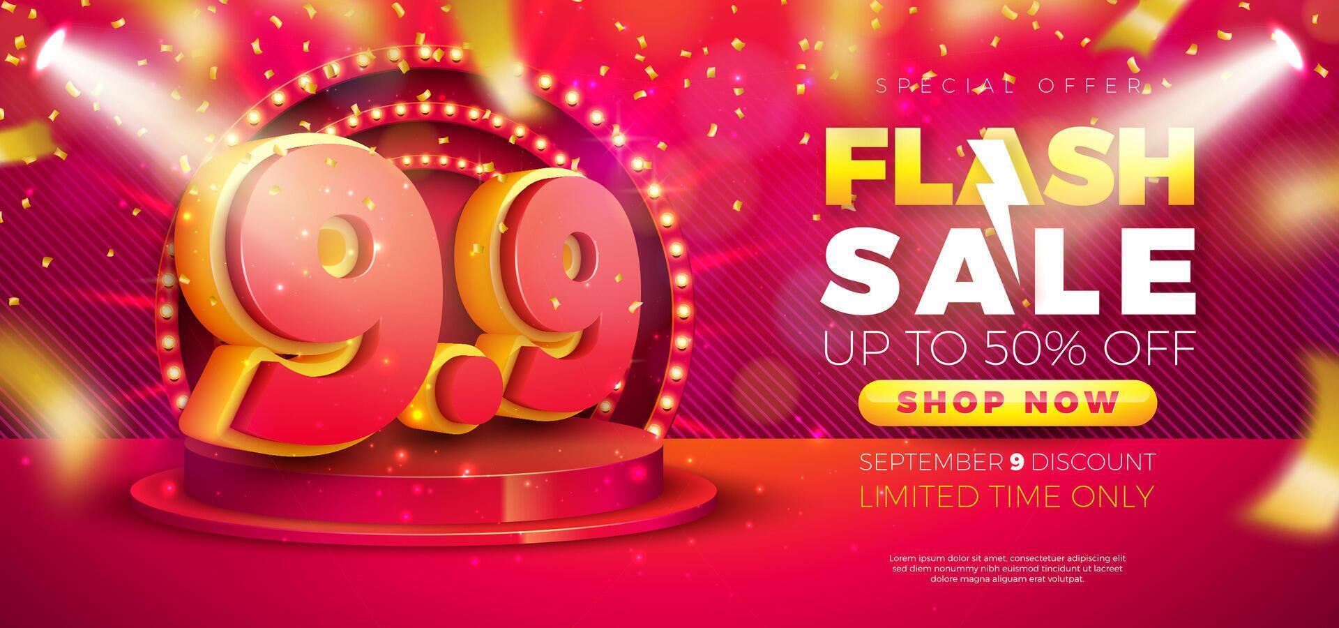 9 September Shopping Day Flash Sale Design with 3d 9.9 Number and Stage Podium on Red Background. Special Offer 50 Percent Off Campaign Discount Illustration for Coupon, Voucher, Banner, Flyer vector