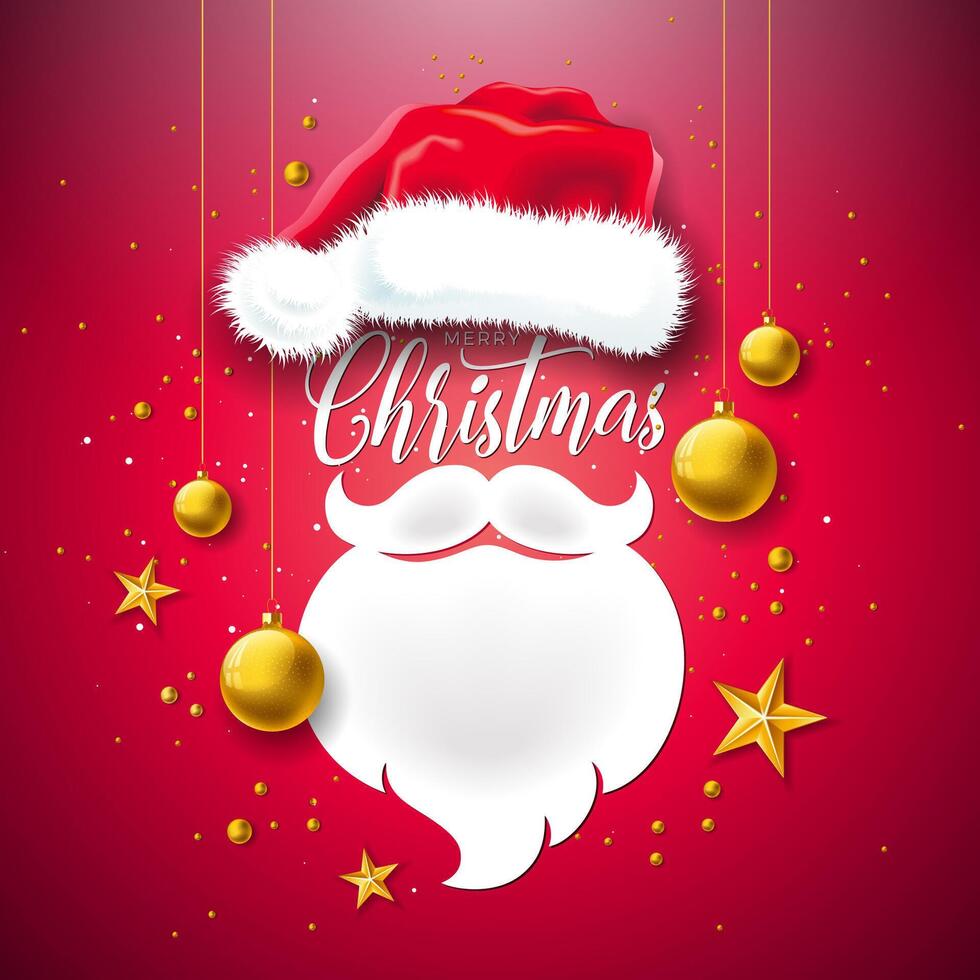 Merry Christmas and Happy New Year Illustration with Santa Hat, Beard, Gold Glass Ball, Star and Typography Elements on Red Background. Holiday Design for Flyer, Greeting Card, Banner vector