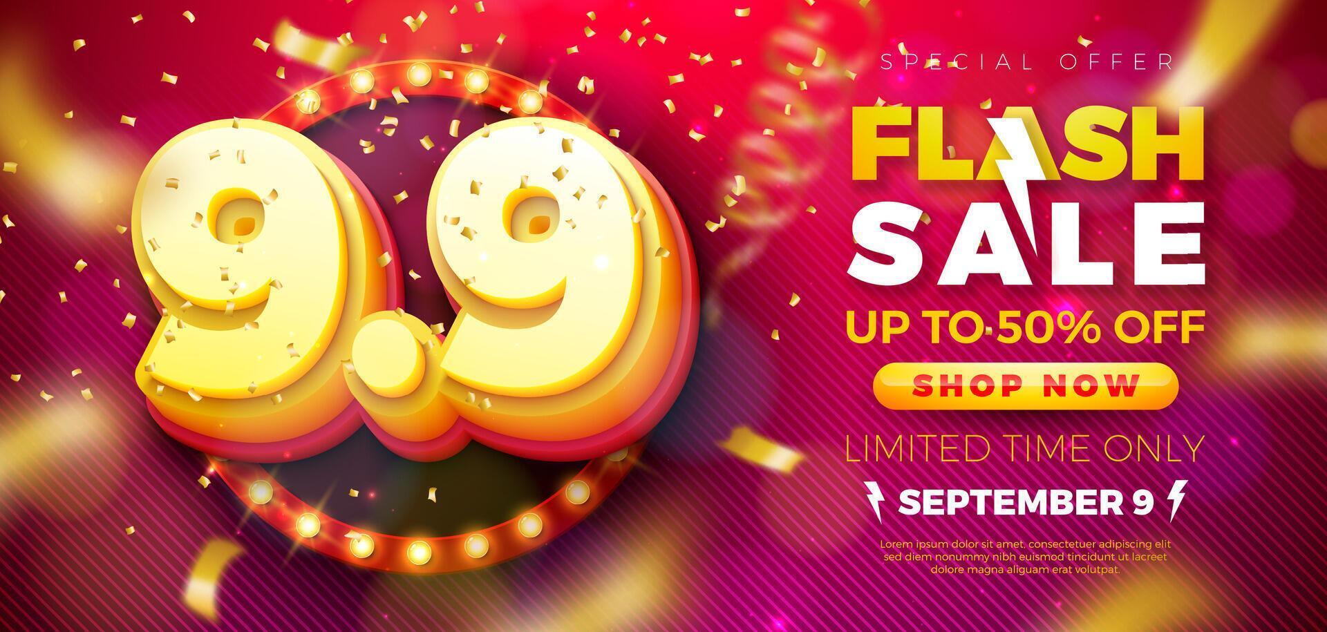 9 September Shopping Day Flash Sale Design with 3d 9.9 Number and Light Bulb Billboard on Red Background. Special Offer 50 Percent Off Campaign Discount Illustration for Coupon, Voucher, Banner vector