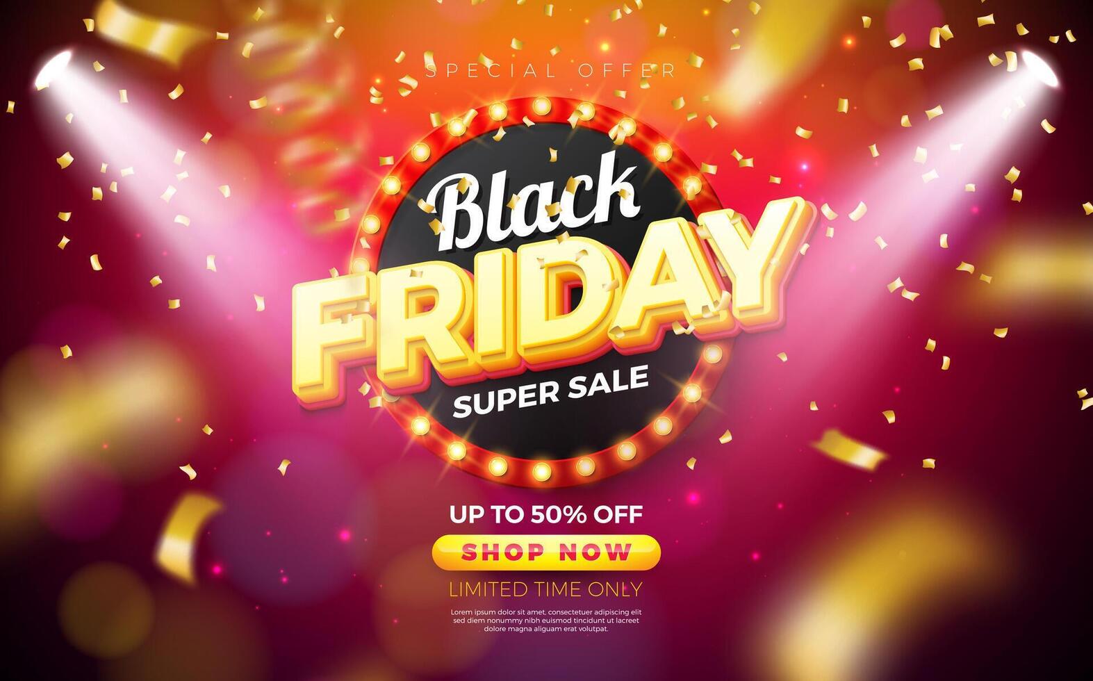 Black Friday Sale Illustration with Glowing Light Bulb Billboard and Falling Confetti on Shiny Red Background. New Year and Christmas Design Template for Greeting Card, Flyer, Banner vector
