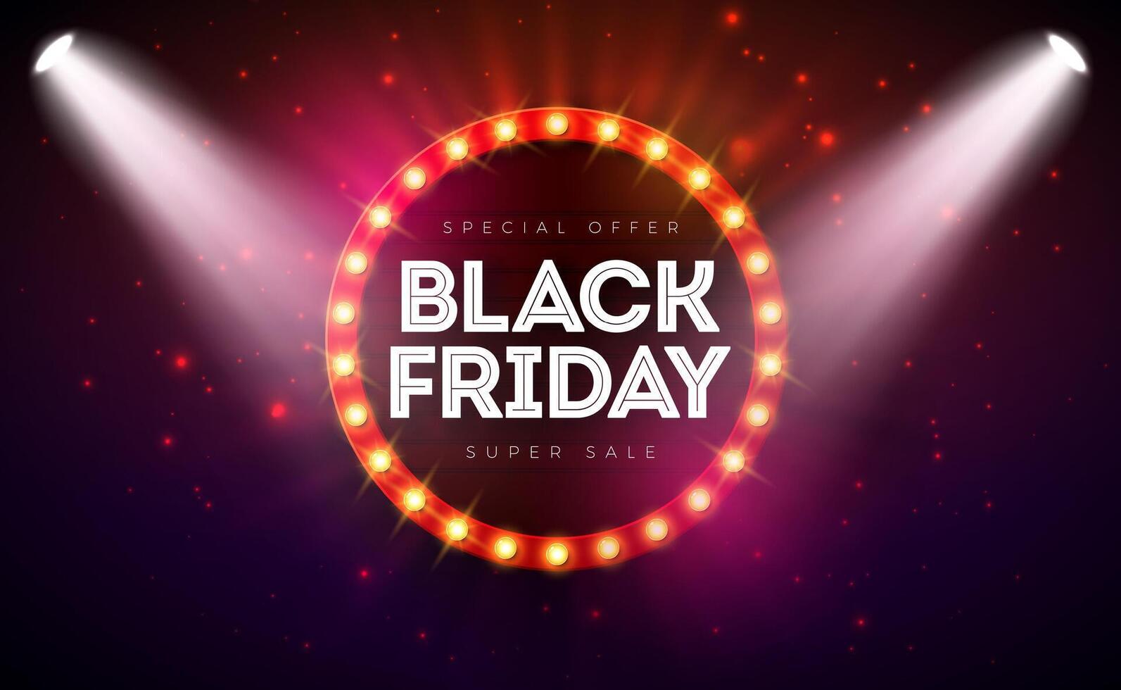 Black Friday Sale Illustration with Glowing Light Bulb Billboard on Dark Background. New Year and Christmas Design Template for Greeting Card, Flyer, Banner, Celebration Poster or Party vector