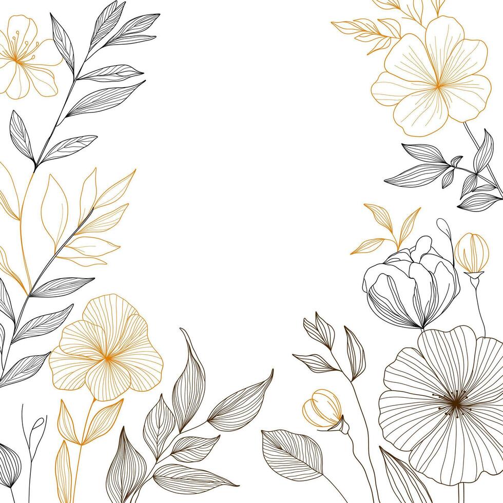 minimalist illustration with black and gold floral outlines, arranged around the edges on a white background. vector