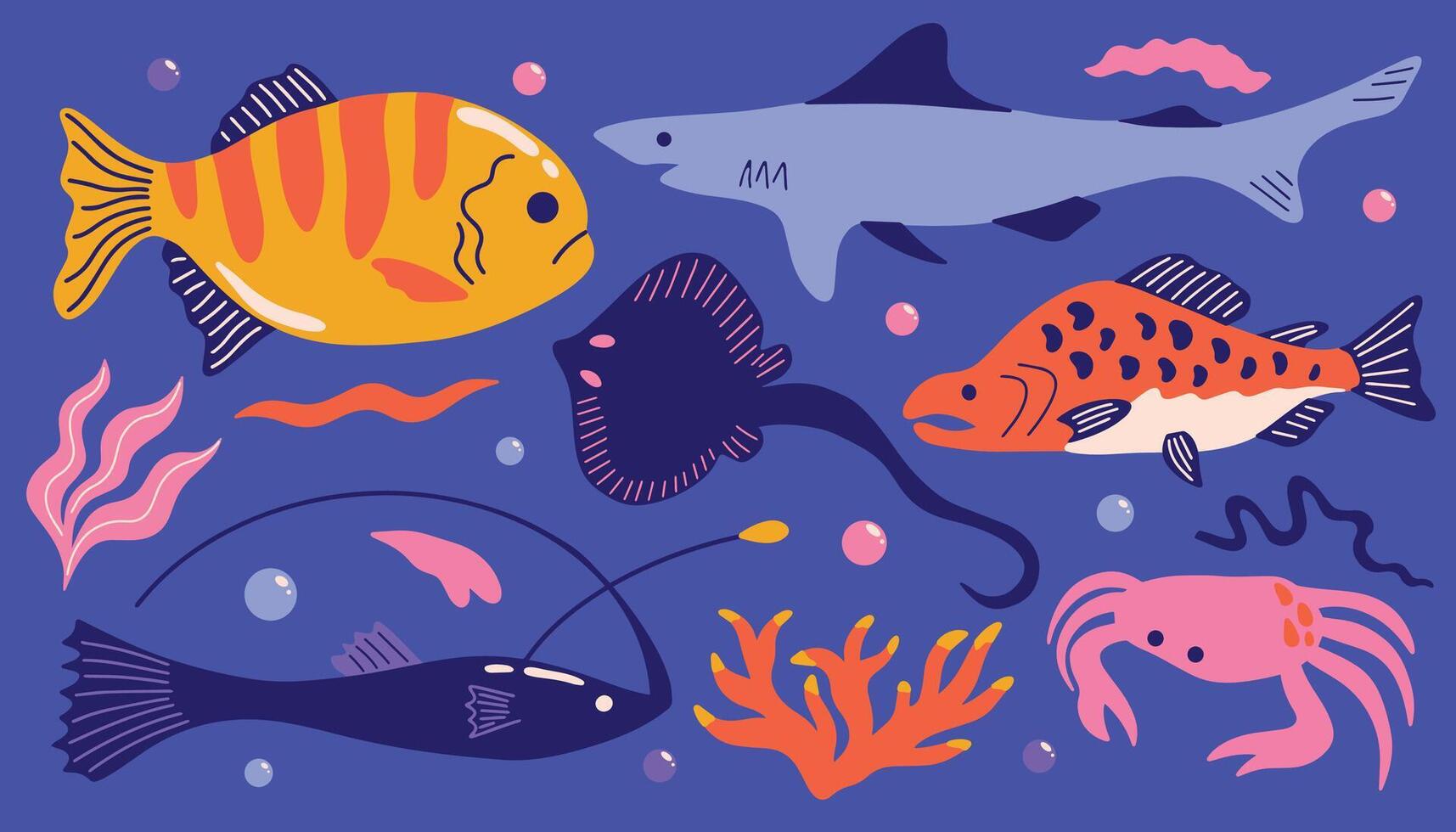Colorful cartoon underwater set with exotic animals, plants, fish, seaweed, algae, coral, shark, stingray, crab. Ocean, sea fauna, different marine species elements vector
