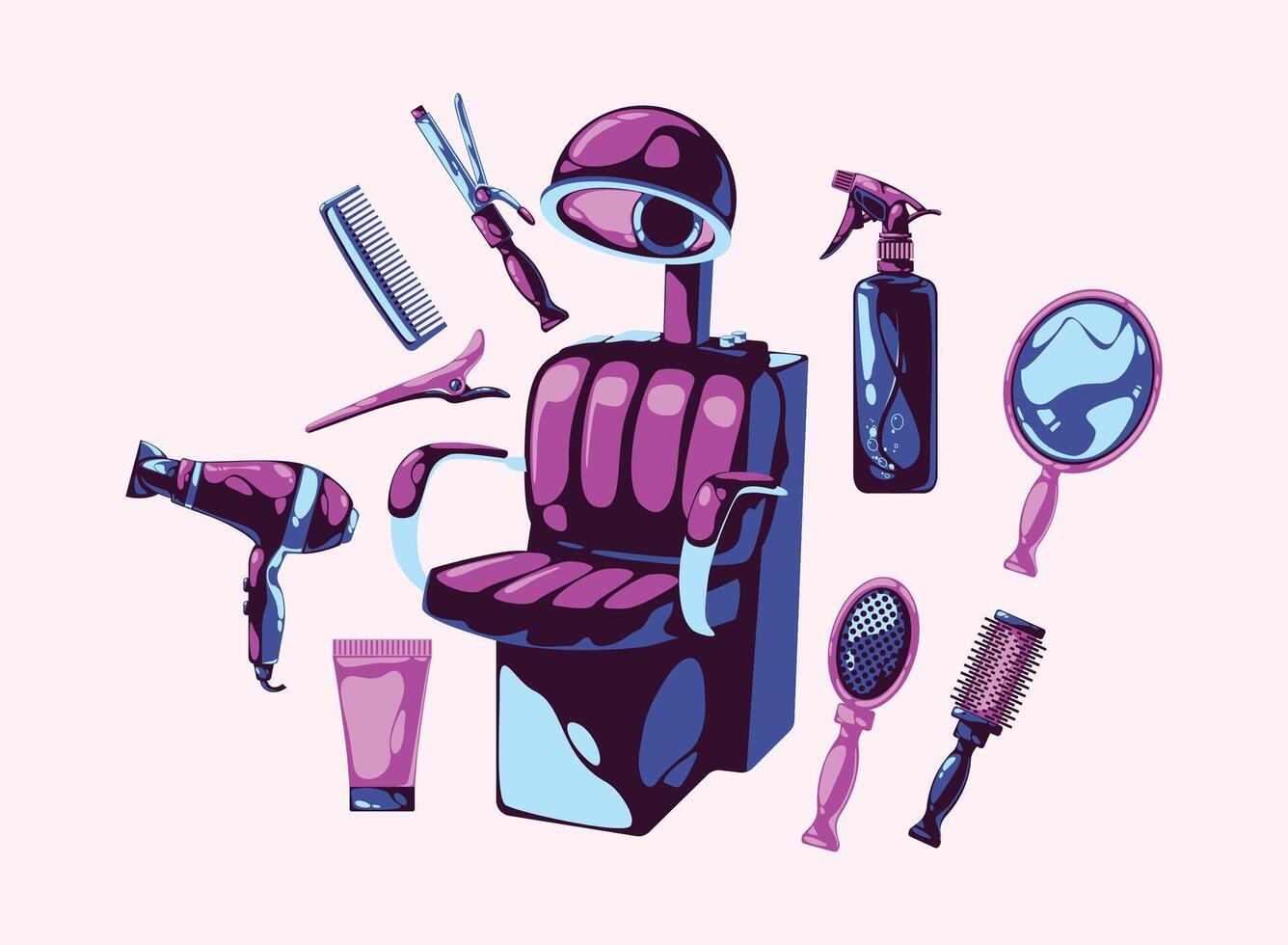 Beauty salon tools design illustration.Hair dryer, scissors, comb and cream bottles. vector