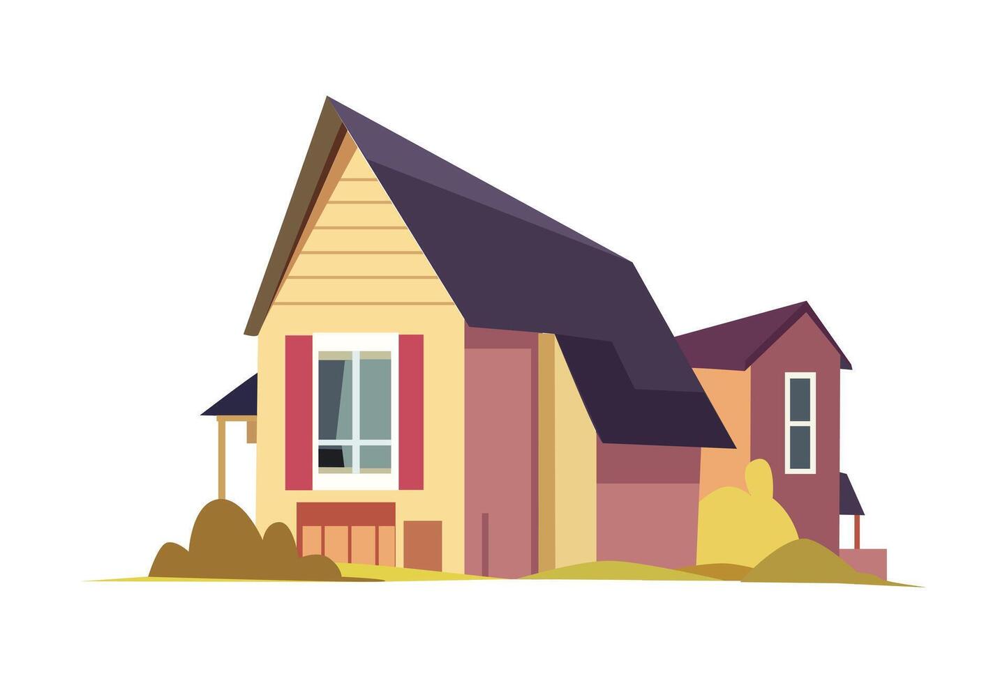 Yellow house with wooden panels and large windows front perspective flat illustration suitable for architectural design and modeling vector