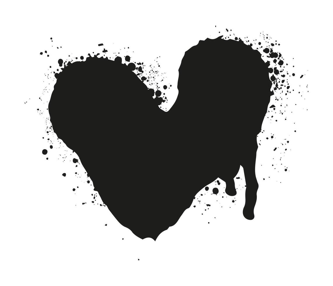 Flat illustration of a black heart shaped ink blot with splattered edges on a white background representing love and emotion creativity abstract vector