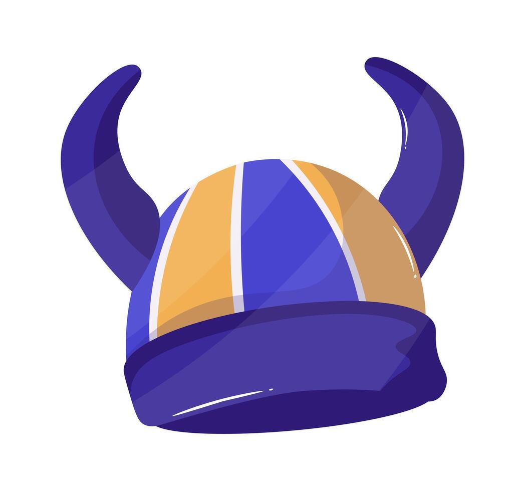 A viking helmet in a illustration showing scandinavian culture in flat art design The helmet is yellow and purple with horns vector