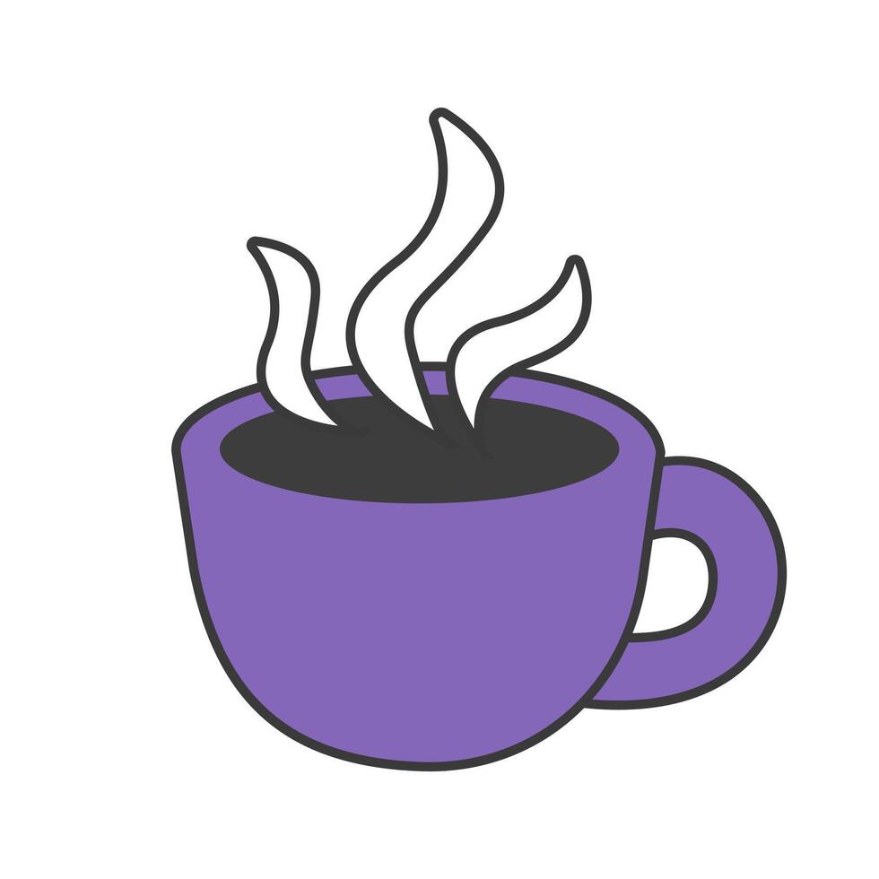 Purple cup of steaming coffee illustration showing a hot beverage in a simple flat art style great for cafe-themed designs. vector