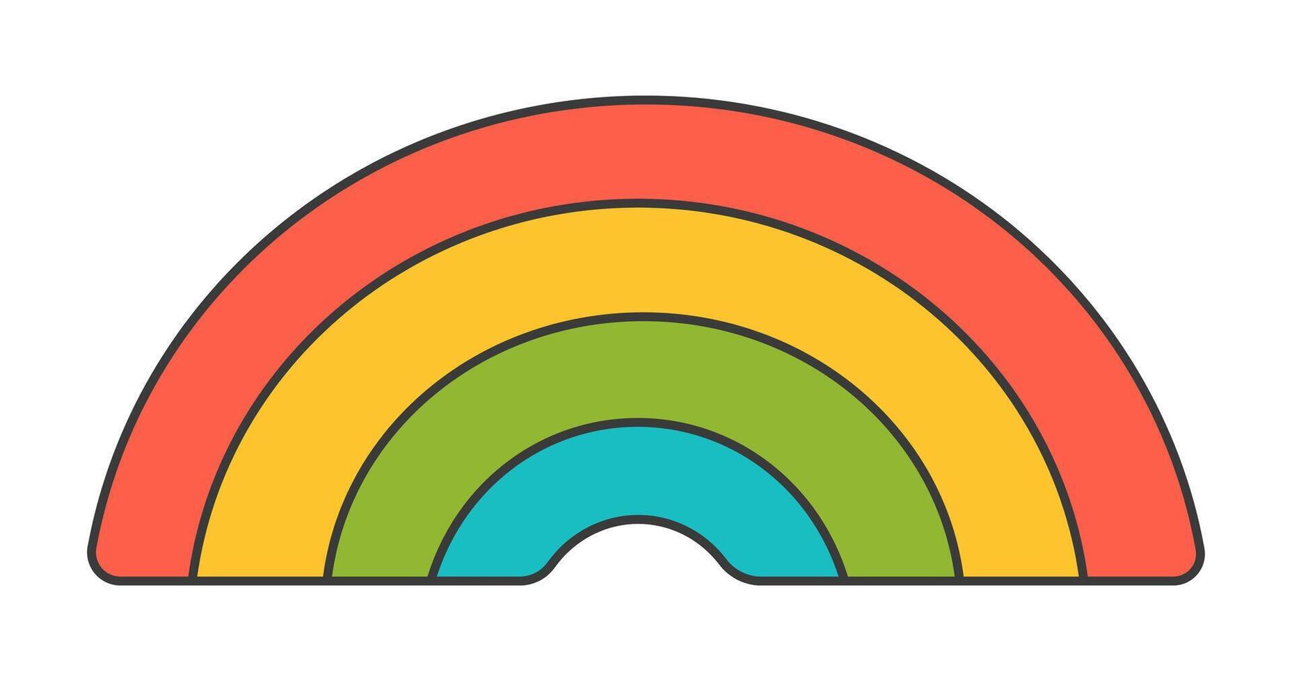 Flat illustration of a colorful rainbow showing different hues arranged in a semi circular pattern with bright and vibrant colors displayed in a minimal design vector