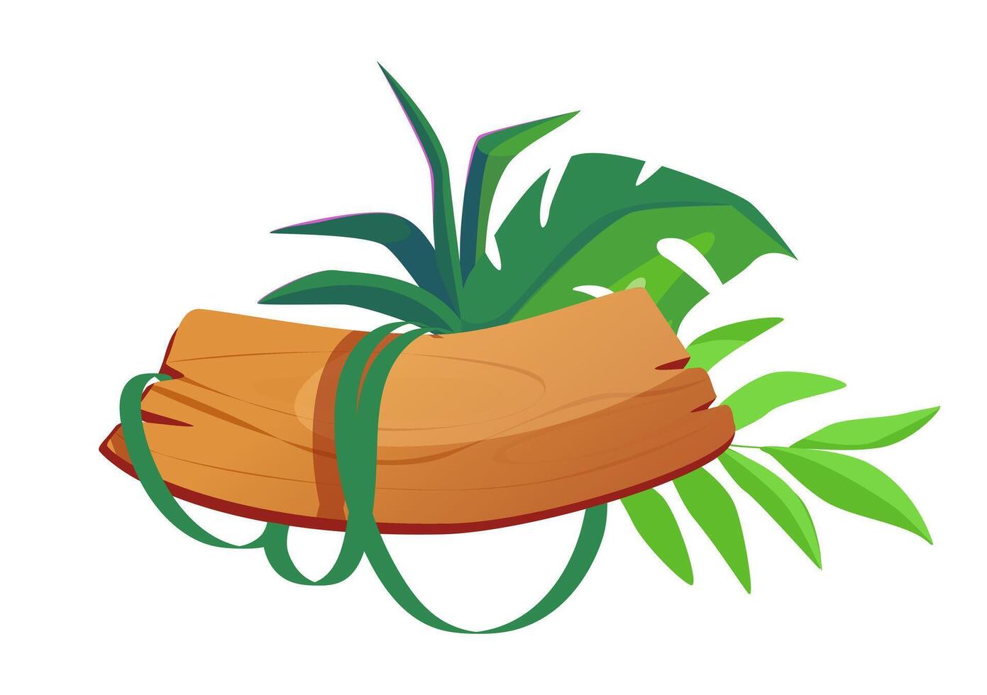 Wooden basket with tropical plants and long green leaves flat illustration isolated on white background vector