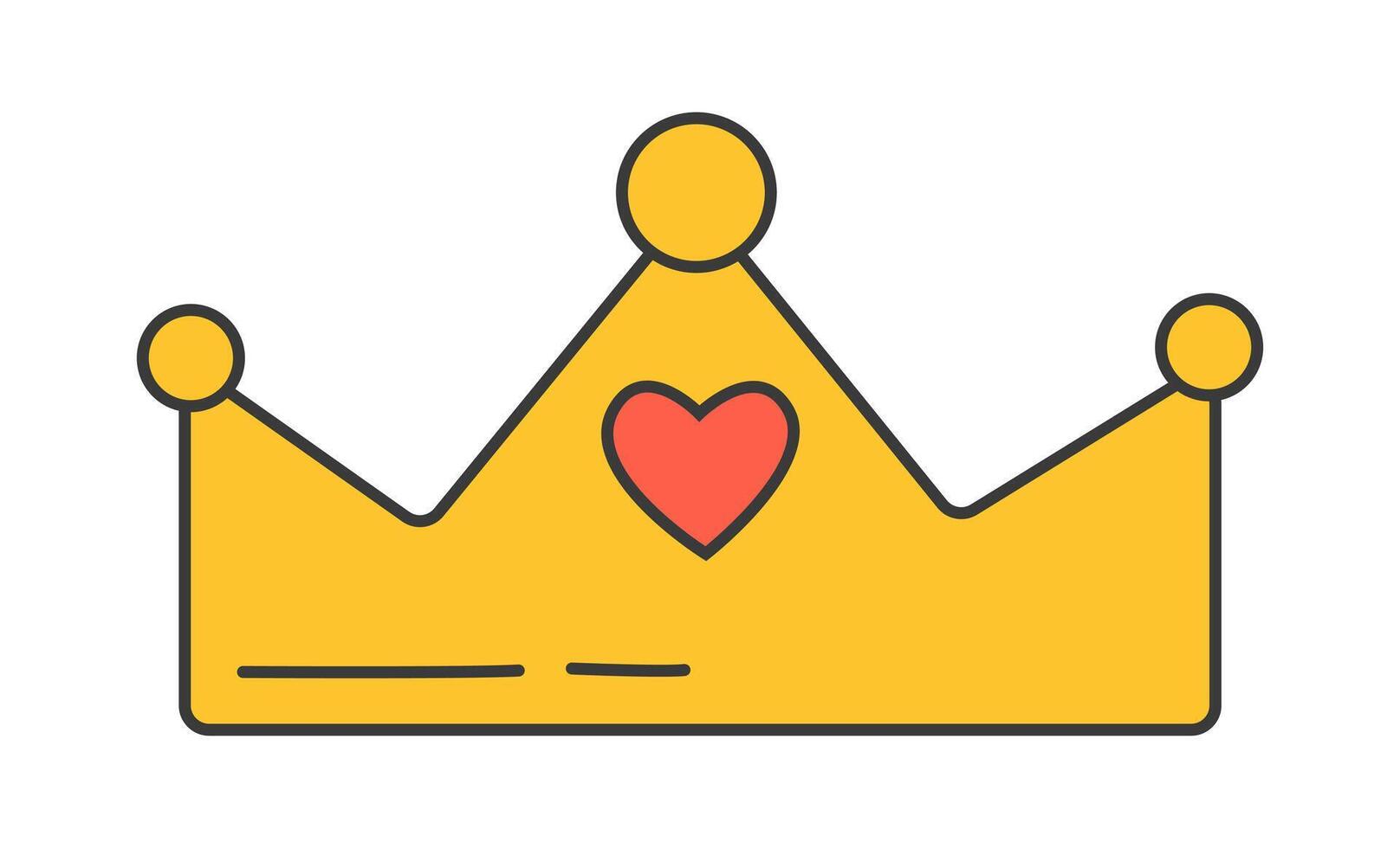 Golden crown with heart icon. This piece is a flat illustration, representing a stylized yellow crown with a red heart in the center. vector