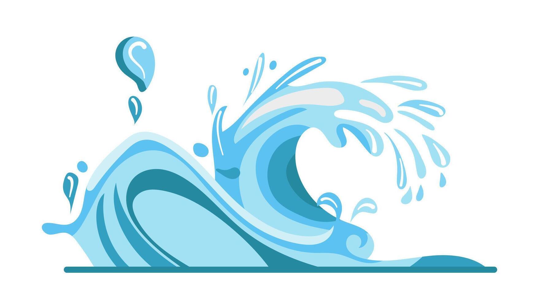 Flat illustration of an ocean wave in shades of blue the wave seems to rise and crash creating a dynamic water scene with splashes vector
