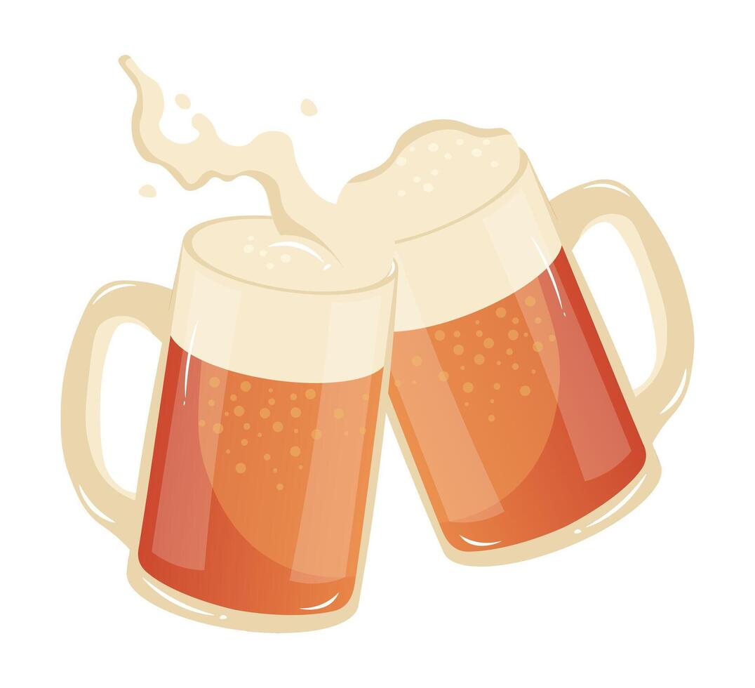 This image showcases two frothy beer glasses clinking together spilling out a bit of liquid in celebration flat illustration vector