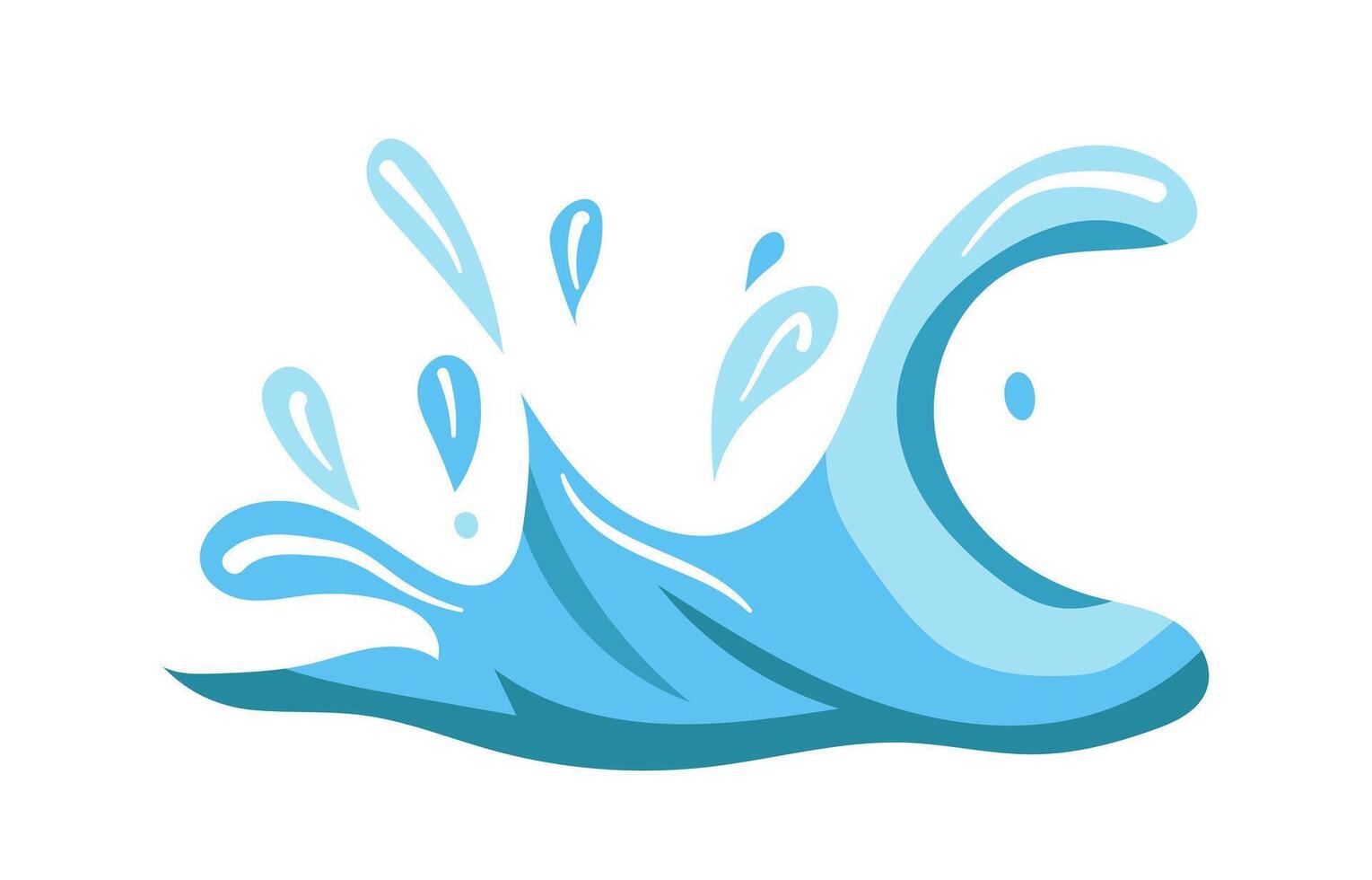 This flat illustration features a blue wave with splashes in a vibrant and dynamic style the ocean wave design includes clear blue water and splashing drops perfect for seaside themes vector