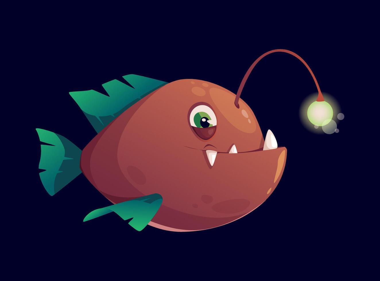 Flat illustration of a deep sea angler fish character design with a glowing lure and sharp teeth. The fish has big eyes and green fins against a dark blue background vector