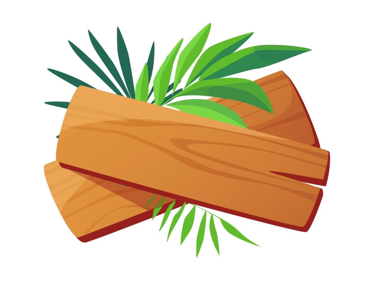 Flat illustration of wooden signboards with green tropical leaves Illustrating a summer nature theme Ideal for design and decoration vector