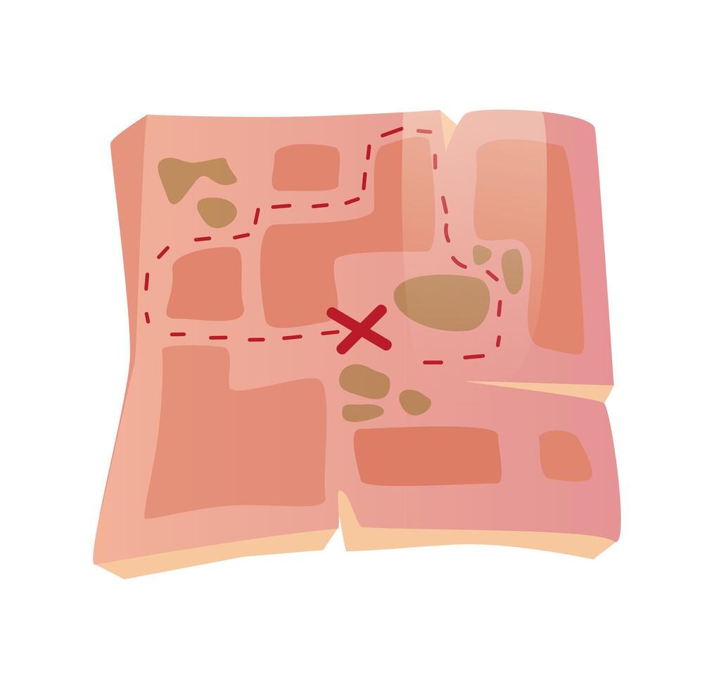Flat illustration of an old treasure map with a marked path leading to a destination point The map is depicted in pink and brown tones with dashed lines vector