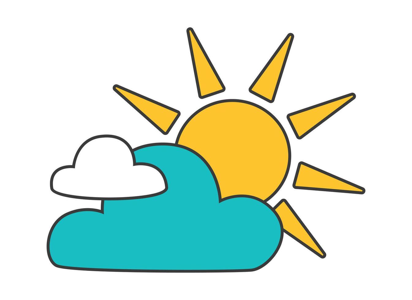 a charming depiction of the sun peeking out from behind the clouds with visible sunrays in a flat illustration style vector