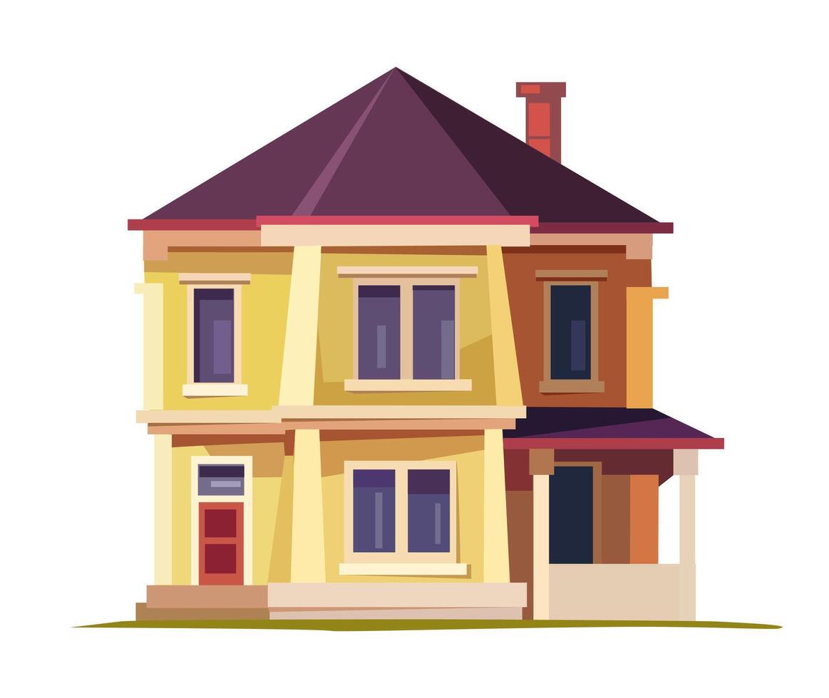 stylized house flat illustration of a yellow house with a red door and brown roof the house features multiple windows a front porch and chimney vibrant colors and simple shapes vector