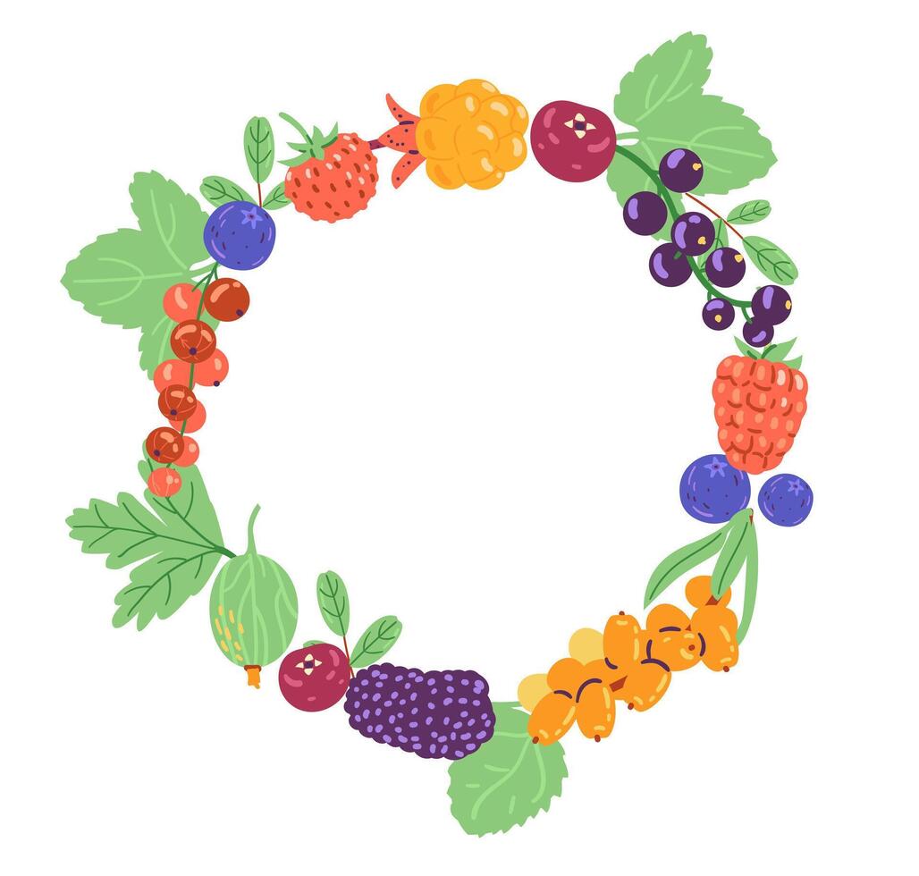 Decorative wreath from ripe berries and leaves illustration isolated on white. Mulberry, blueberry, cranberry, raspberry, wild strawberry, red and black currant, gooseberry, cloudberry. vector