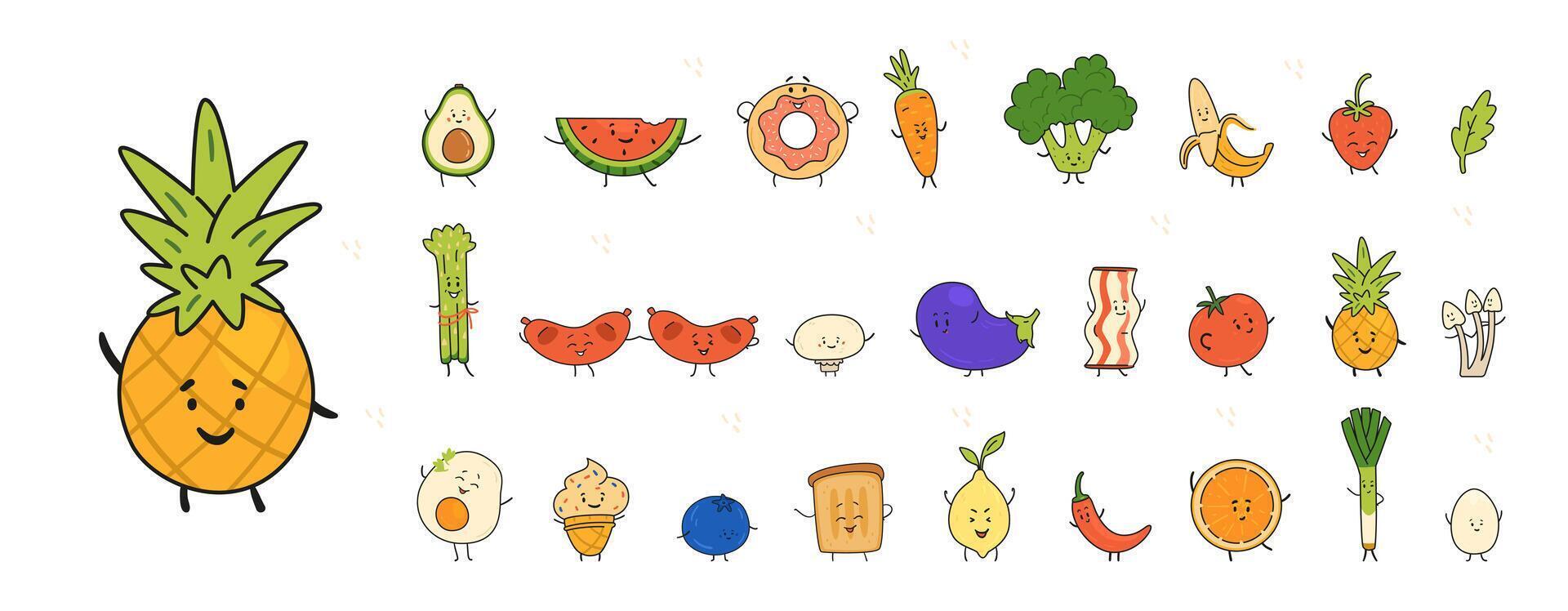 Funny doodle food characters collection isolated on white. Fruits, vegetables, berries and fast food with funny faces illustrations. vector