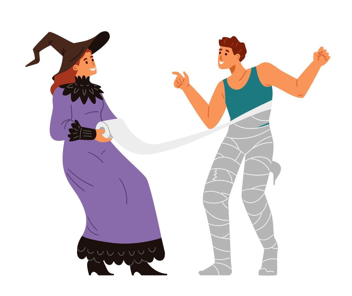 Couple making costumes for Halloween celebration flat illustration isolated on white. Laughing woman in witch costume wrapping man with toilet paper to make mummy costume for Halloween. vector