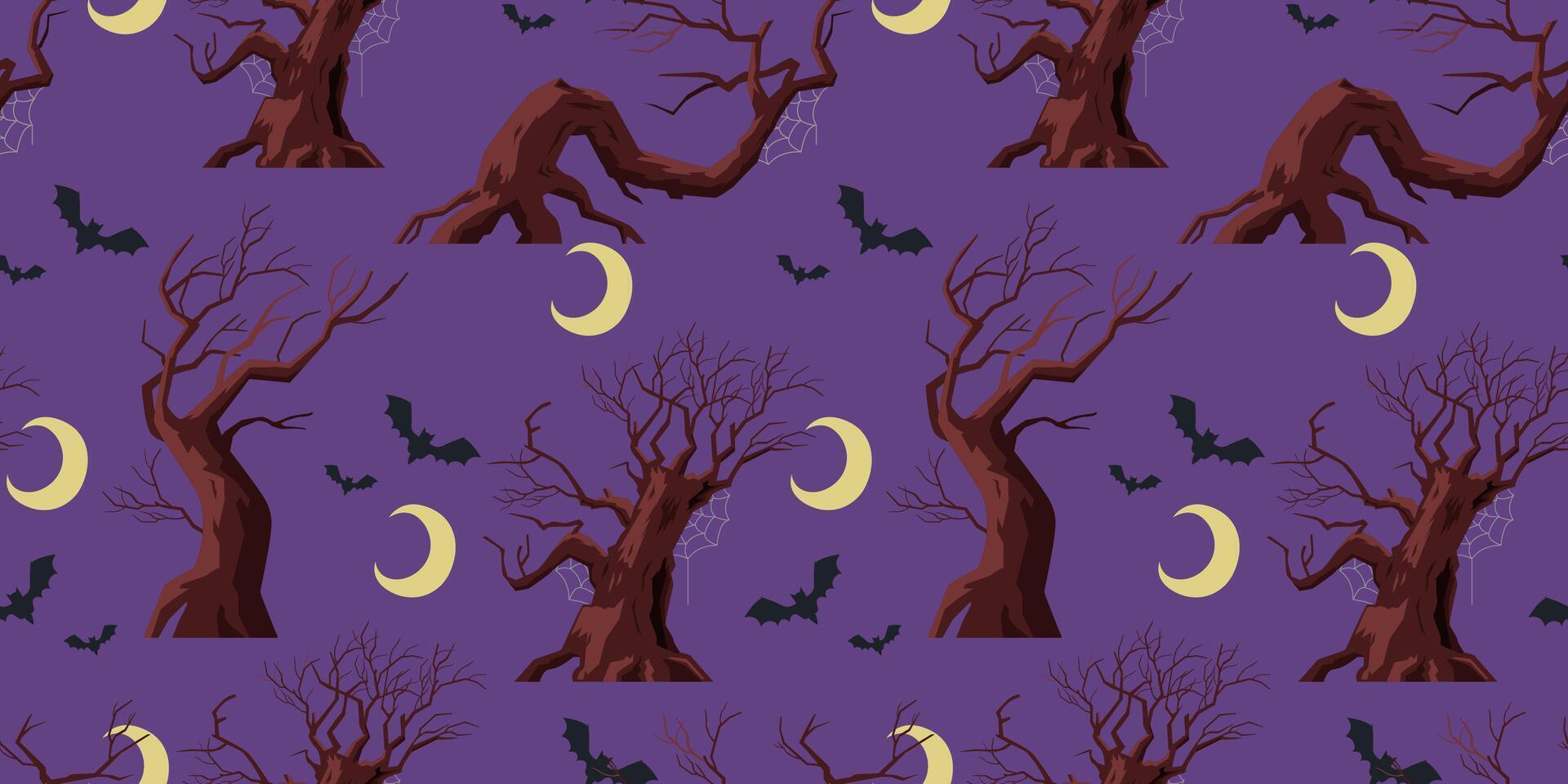 Halloween seamless pattern with creepy bold trees, mmon and bats on dark background. vector