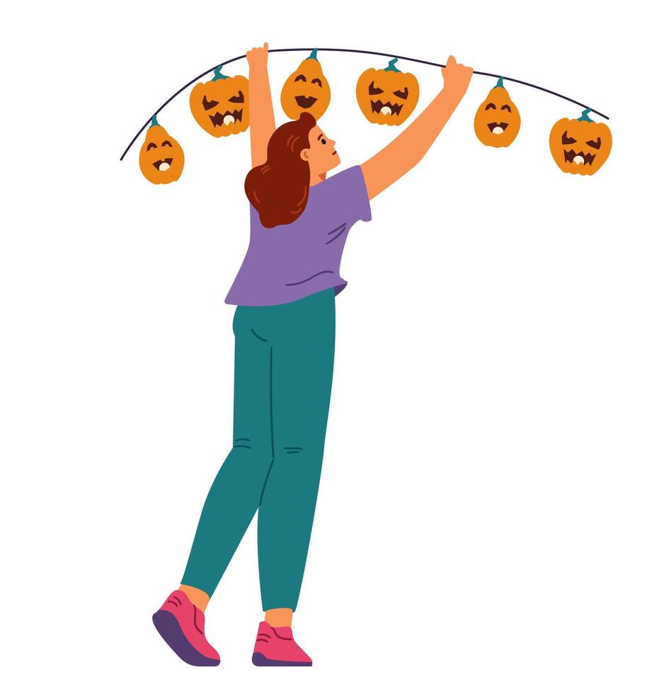 Woman hanging pupmkin shape garland decorating for Halloween party flat illustration isolated on white. vector