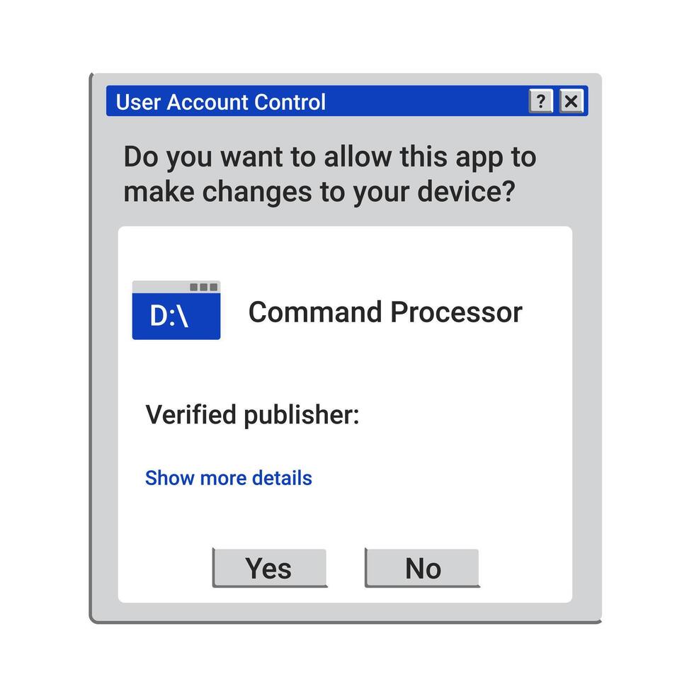 Old user account control panel. Installation of new program. vector