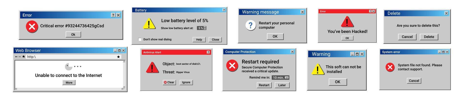 Retro error message. Damaged computer problem warnings. vector