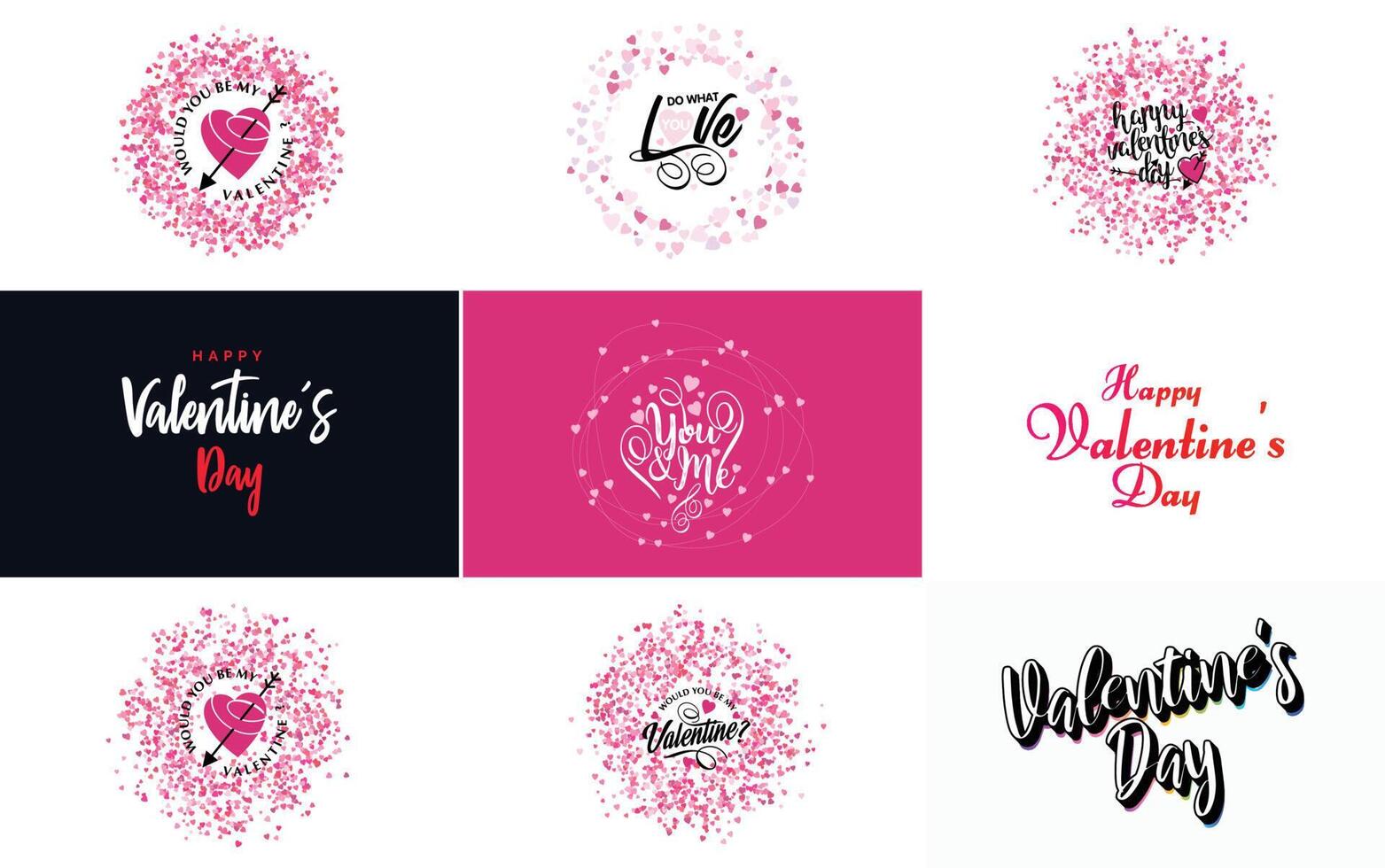 Happy Valentine s Day greeting background in papercut realistic style paper clouds flying realistic heart on string pink banner party invitation template calligraphy words text sign on copy space vector