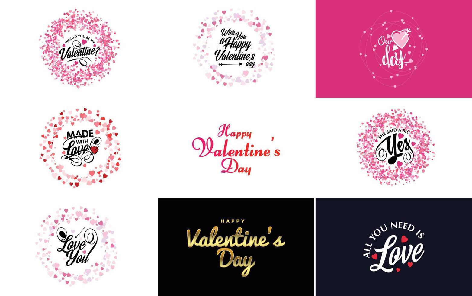 Hand drawn black lettering Valentine s Day and pink hearts on white background illustration suitable for use in design of cards banners logos flyers labels icons badges and stickers vector