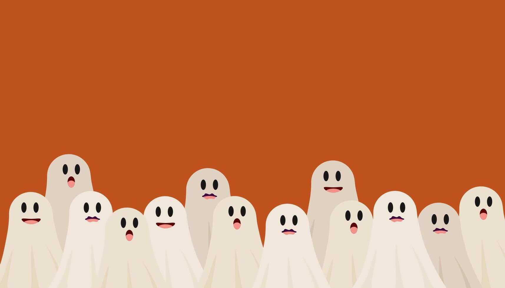 group of ghosts an orange background, copy space . illustration. Halloween banner. vector