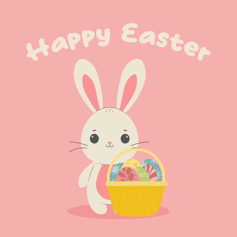 An adorable Easter bunny holds a basket filled with vibrant eggs, perfect for holiday themes and celebrations. vector