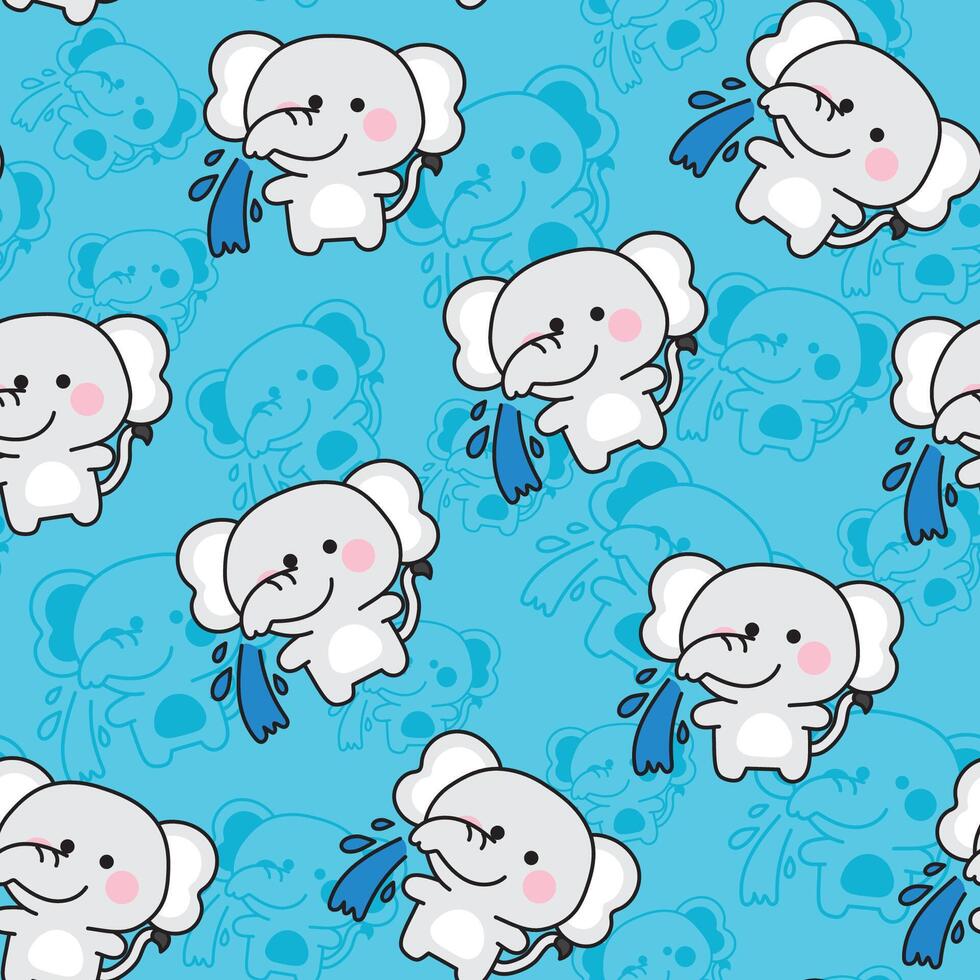 Seamless pattern of cute elephant spray water on line background.Wild animal character cartoon design.Kawaii.Illustration. vector