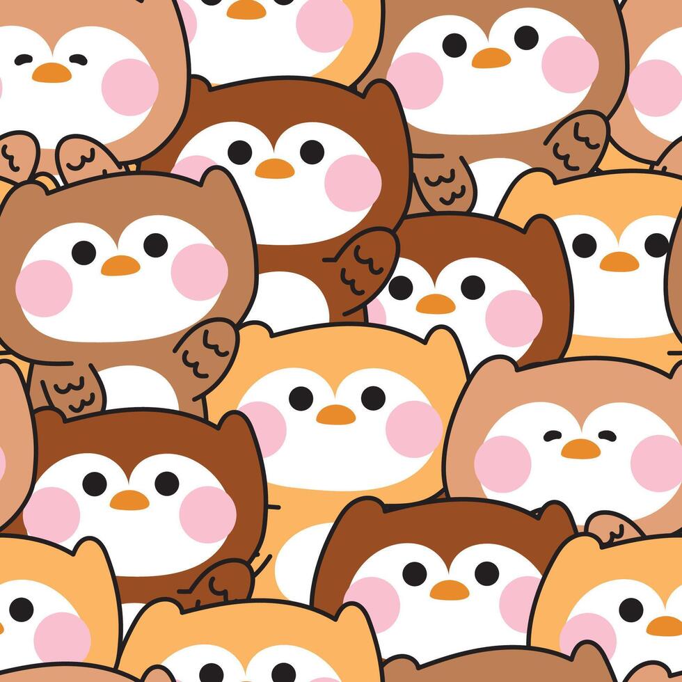 Repeat.Seamless pattern of cute owl in various poses background.Night animals.Bird animal character cartoon design.Kawaii.Illustration. vector