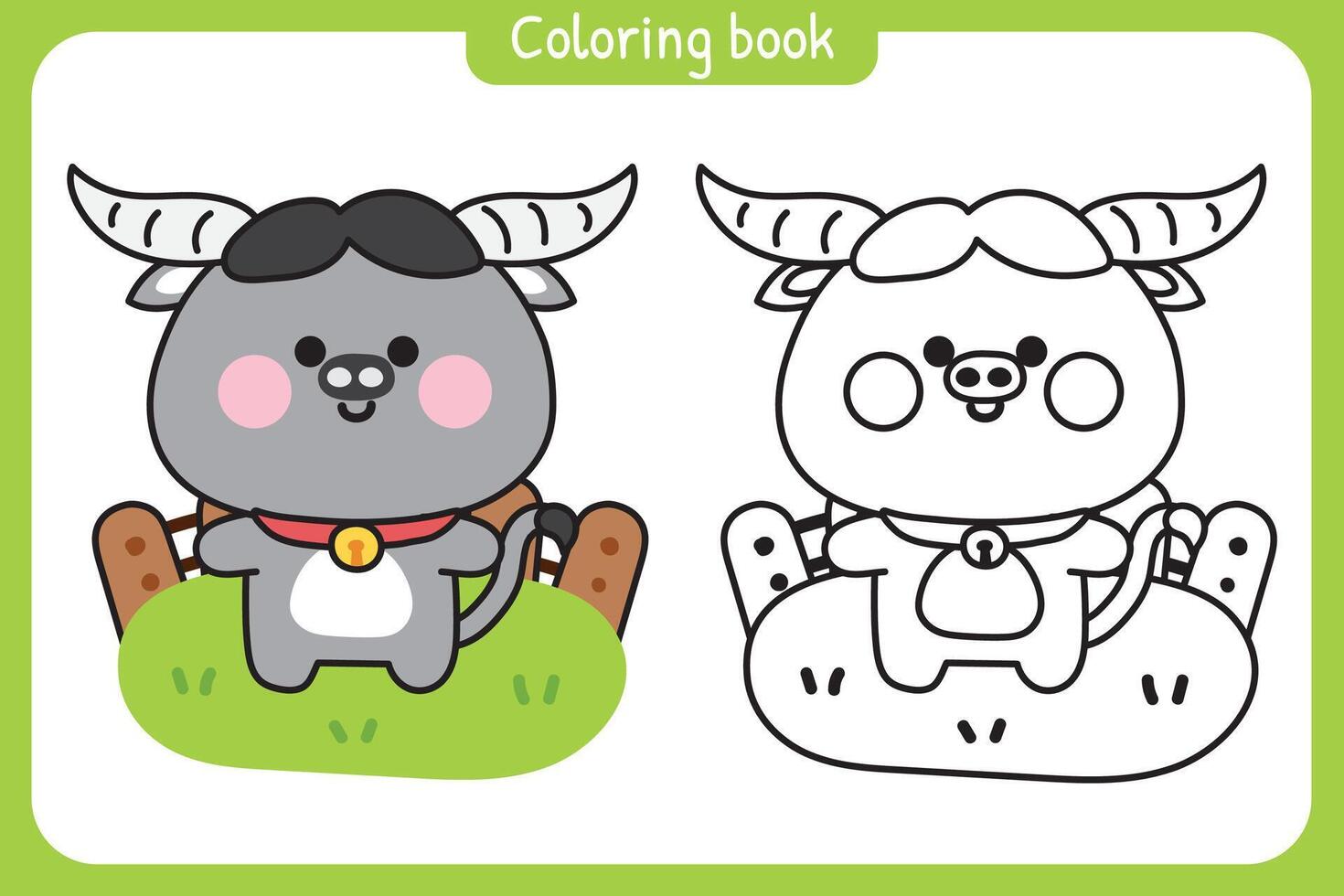 Coloring book.Painting book for kid.School.Page.Cute buffalo stand on grass wooden fence.Farm animal character cartoon design.Kawaii.Illustration. vector