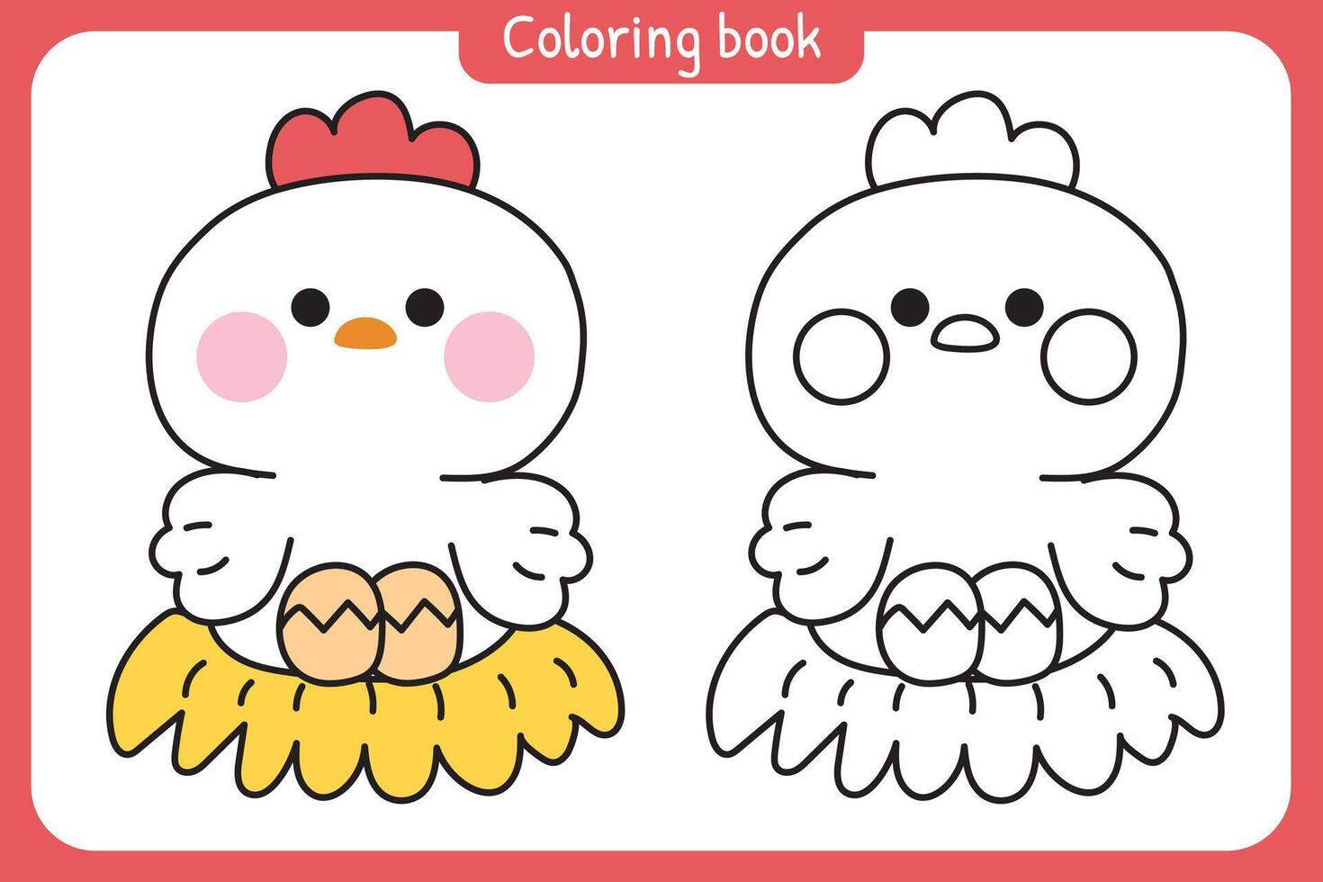 Coloring book.Painting book for kid.School.Page.Cute hen hatching.Eggs.Farm animal character cartoon design.Kawaii.Illustration. vector