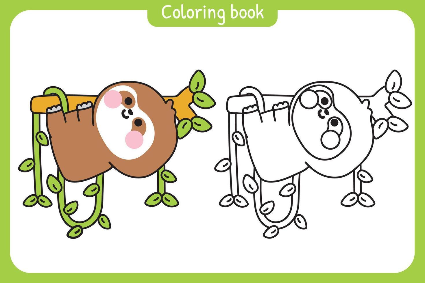 Coloring book.Painting book for kid.School.Page.Cute sloth is climbing on the tree with vine.Wild animal character cartoon design.Kawaii.Illustration. vector