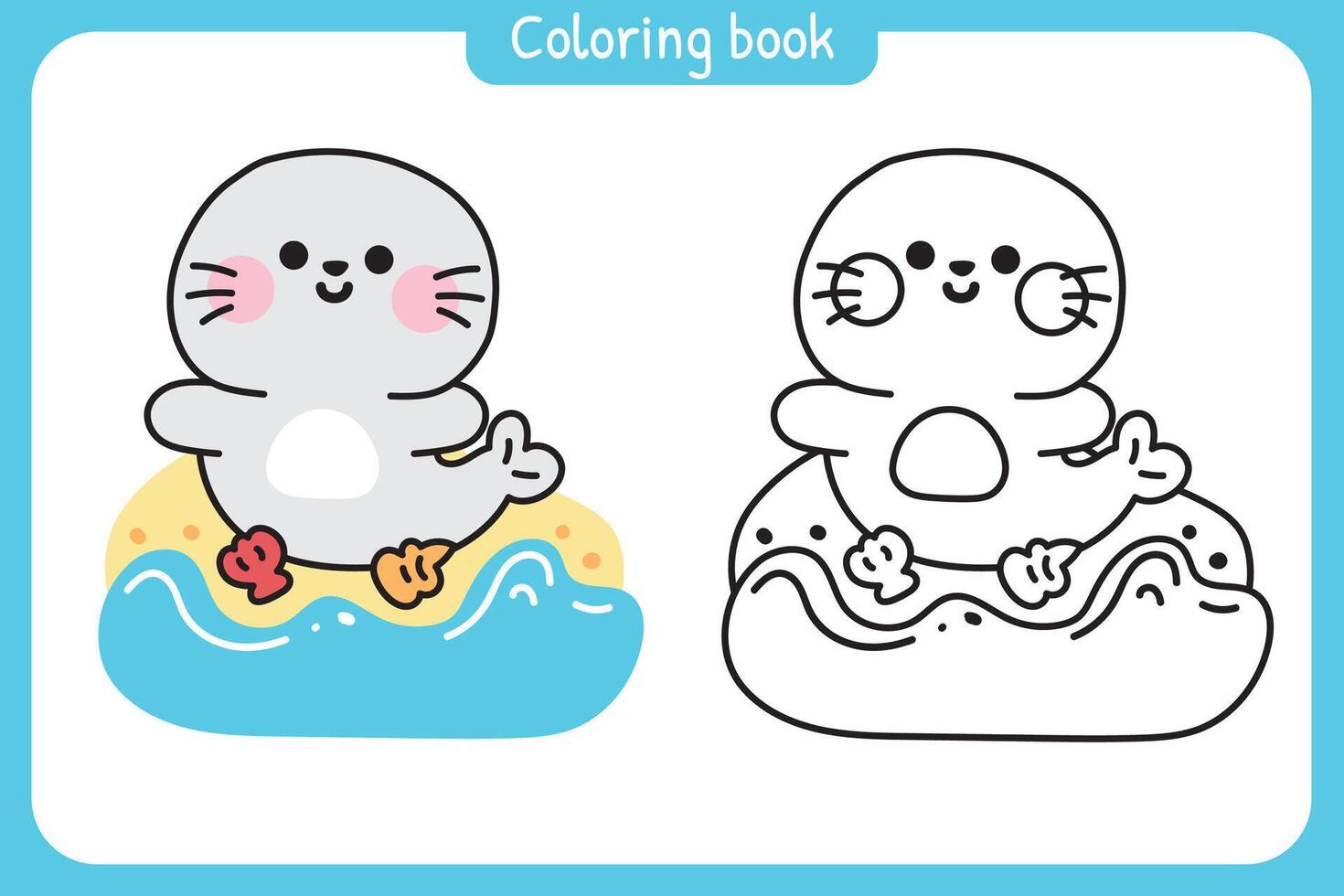 Coloring book.Painting book for kid.School.Page.Cute seal stay on sand beach with shell.Summer.Mammals animal character cartoon design.Kawaii.Illustration. vector