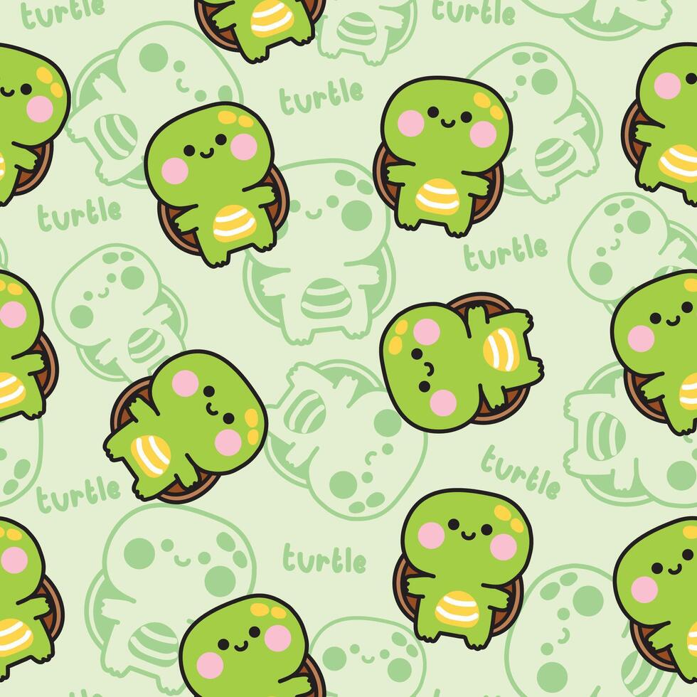 Seamless pattern of cute turtle stand on line drawing background.Underwater life.Reptile animal character cartoon design.Kawaii.Illustration. vector