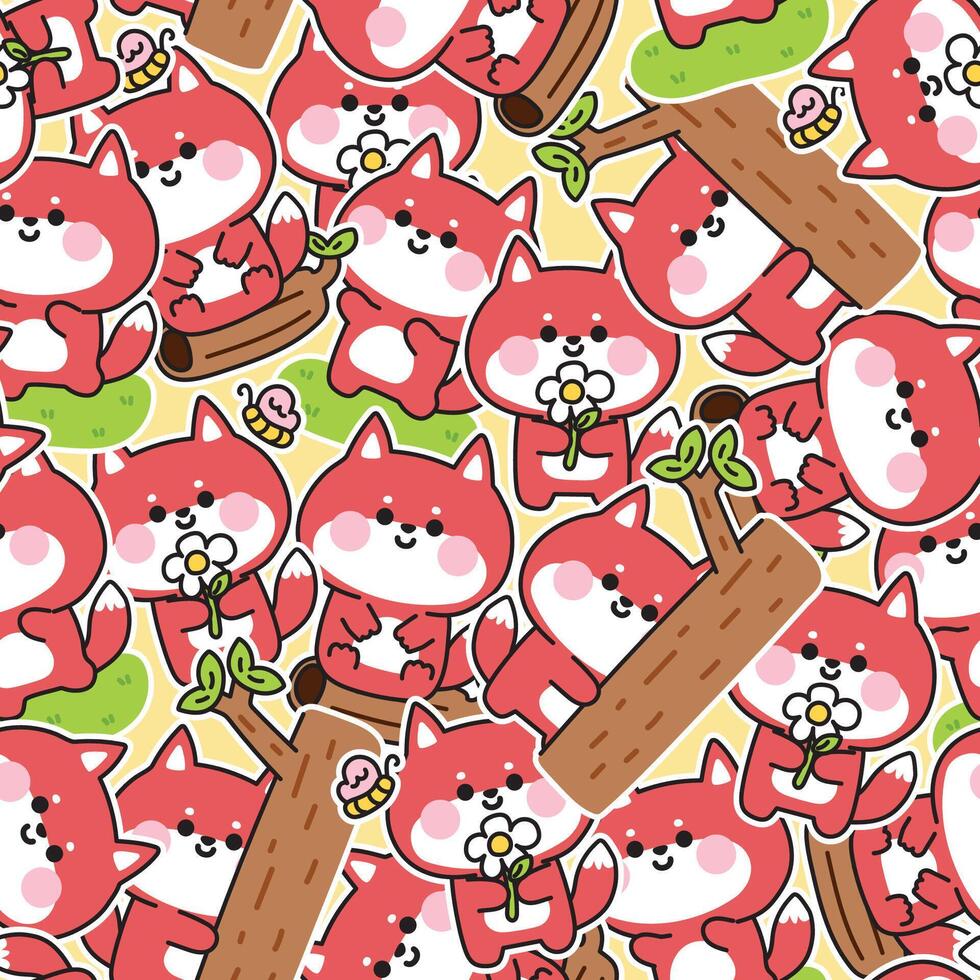 Seamless pattern of cute fox in various poses sticker background.Jungle.Wild animal character cartoon design.Flower,butterfly,wood,tree hand drawn.Kawaii.Illustration. vector
